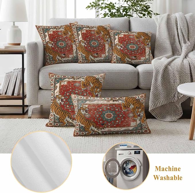Tiger Print Outdoor Pillow Covers 24"x24" Set of 2, Boho Vintage Animal Orange Red Floral Geometric Waterproof Throw Pillow Covers for Patio Furniture, Decorative Cushion Covers for Porch