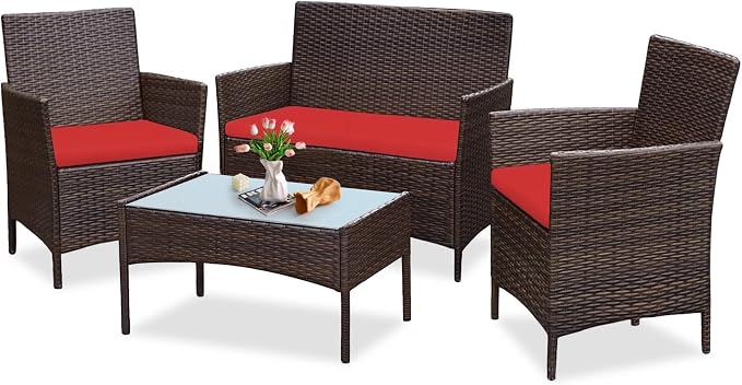 PROHIKER 4 Piece Outdoor Wicker Patio Conversation Furniture Set, Rattan Chair Wicker Sofa Garden Conversation Sets with Cushion and Glass Table for Yard Pool or Backyard, Brown/Red