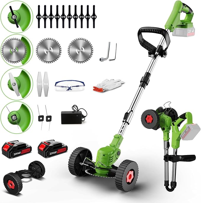 Cordless String Trimmer,21V 2.0Ah Battery, Fast Charger & 4 Types Blades, Lightweight Lawn Trimmer with Wheels, Grass Trimmer/Brush Cutter/Lawn Edger for Garden
