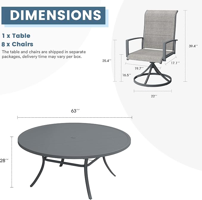 DIFY 9 Piece Outdoor Patio Dining Set for 8, 63" Round Metal Dining Table and Swivel Patio Chairs with Padded Textilene, All-Weather Outdoor Furniture Set for Garden Backyard Porch, Grey