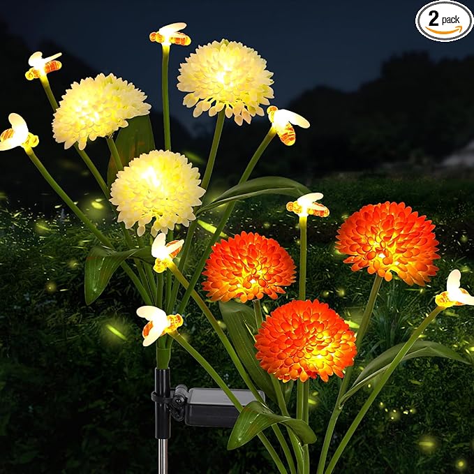 Solar Garden Lights Outdoor 2 Packs Solar Swaying Bee Lights with Fake Flowers Waterproof Firefly Light Flower Fairy Lights Outdoor Patio Yard Pathway Decoration Ideal Gifts for Women Mother's Day