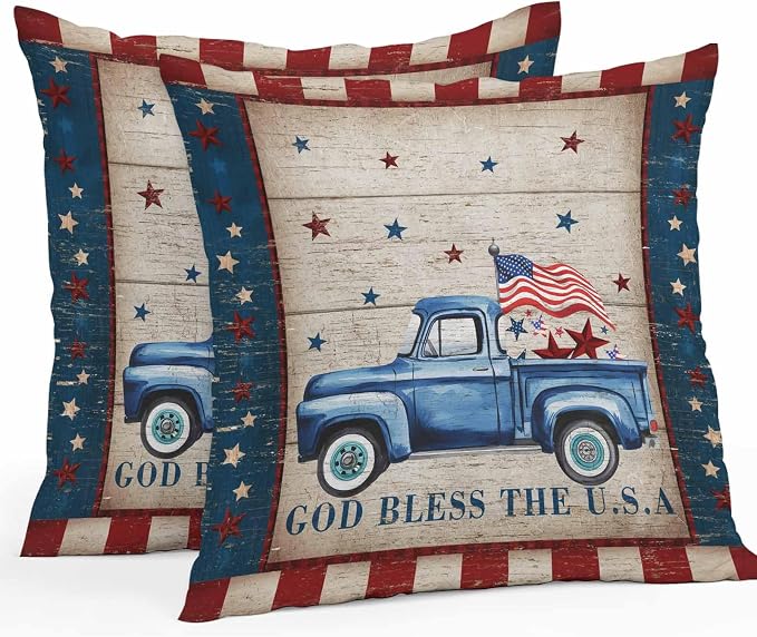 Patriotic Waterproof Pillow Covers for Couch Throw Pillow Cases Set of 2, Independence Day Blue Truck USA Flag Stars Decorative Cushion Pillow Covers 18x18In,Indoor Outdoor Decor Retro Wood Grain