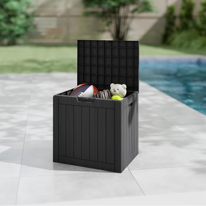 35 Gallon Outdoor Storage Box Waterproof Large Resin Deck Box Indoor/Outdoor Lockable Storage Container and Seating for Garden, Pool, and Patio (35 Gallon, Black)