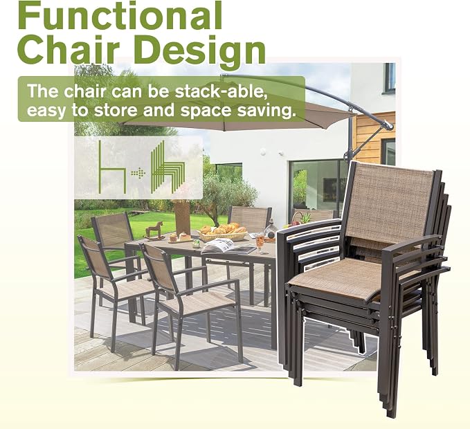 Homall 7 Pieces Patio Dining Set Outdoor Furniture with 6 Stackable Textilene Chairs and Large Table for Yard, Garden, Porch and Poolside (Beige)