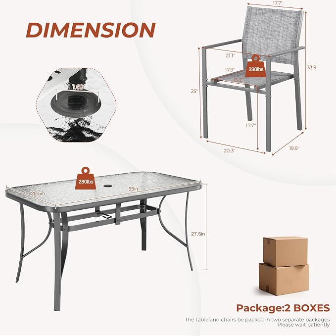 TLSUNNY 7 Piece Patio Dining Set for 6, Outdoor Table and Chairs W/1.69" Umbrella Hole & Metal Frame, 30"X 55" Rectangular Glass Table and Patio Textilene Stackable Chair W/Armrests, for Lawn Deck