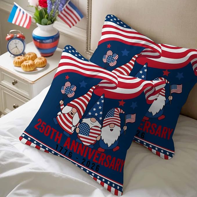 250th Anniversary Outdoor Pillow Covers 20"x20" Set of 2, Patriotic Gnome USA Flag Independence Day Waterproof Throw Pillow Covers for Patio Furniture, Decorative Cushion Covers for Porch