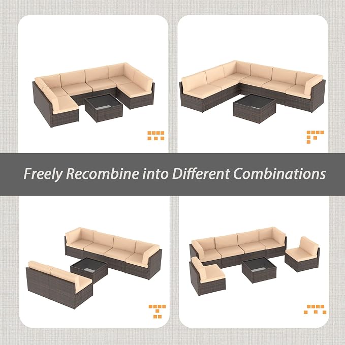 AECOJOY 7 Piece Outdoor Patio Furniture Set, Outdoor Sectional Conversation Furniture Chair with Coffee Table,Patio Sectional for Garden,Backyard(Khaki Cushions and Brown PE Rattan)