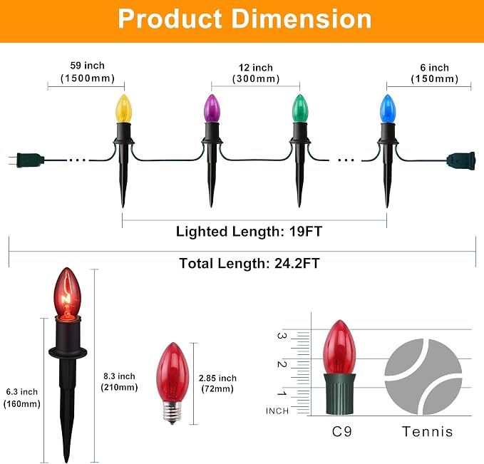 TIORIY Christmas Lights Outdoor 20 Pathway Lights - 24.2ft Multicolor Walkway Light with Stakes, C9 Driveway Light for Outside Yard Garden, Extendable for Xmas Holiday Decorations, 20 Lights