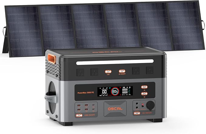 OSCAL 3600W with 1x500W Solar Panel, Portable Power Station, 2016Wh LiFePO4 Battery, 3600W(Peak 7200W) Solar Generator, 90 Min Fast Charge, 14 Ports, LED Light, Home Backup, RV, Camping & Outdoor