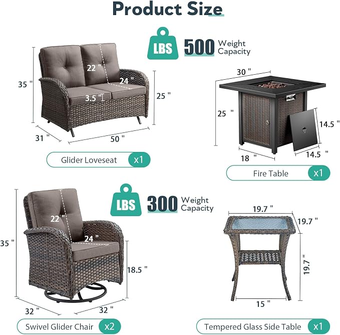 5 Piece Patio Furniture Set with Fire Pit Table - Wicker Patio Conversation Set with Swivel Glider, Glider Loveseat, Tempered Glass Side Table for Deck Backyard - Brown Wicker Grey Cushion