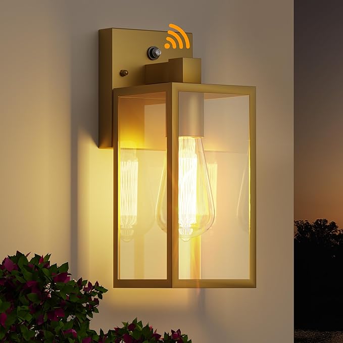 Dusk to Dawn Exterior Lighting Fixtures, Outdoor Porch Light Wall Sconce | 10.65 inch, Anti-Rust Metal Frame, Tempered Glass, E26 Base, Waterproof, Sensor Wall Lantern for Patio, Garage, Entryway