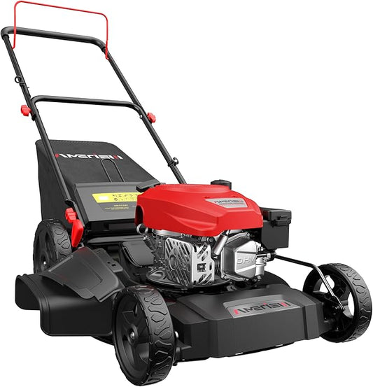 AMERISUN 21" Push Gas Lawn Mower, 3-in-1 Gas Lawnmower, 144cc 4-Stroke OHV Engine, 6 Height Adjustment, 1.4 Bushel Grass Catcher with Bagging, Mulching & Side Discharge Efficient Steel Deck