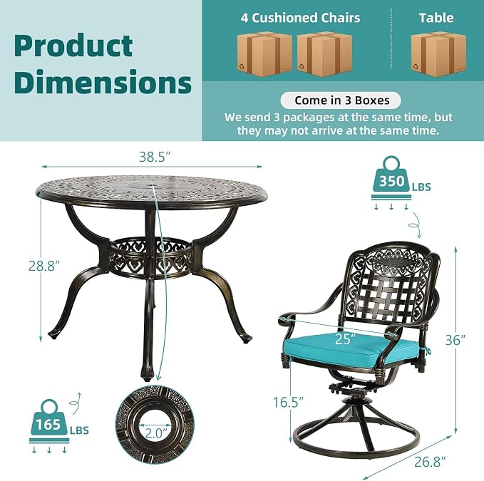 MEETWARM 5-Piece Outdoor Patio Dining Set, All-Weather Cast Aluminum Patio Conversation Set with 4 Cushions Swivel Rocker Chairs for Backyard Deck Garden and 38.5" Round Table, Ocean Blue