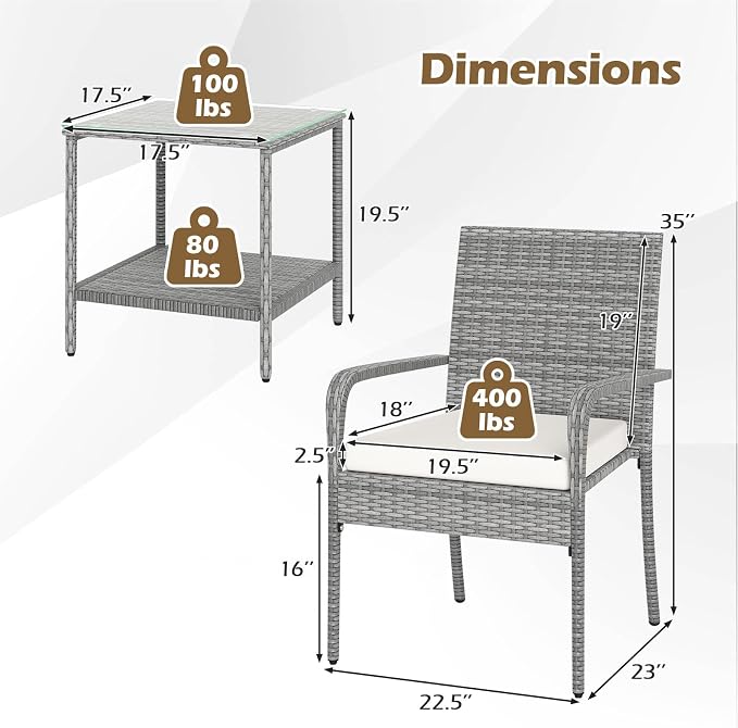 Tangkula 3 Pieces Patio Furniture Set, PE Rattan Outdoor Cushioned Conversation Chairs with 2-Tier Tempered Glass Tabletop Table, for Balcony, Garden and Poolside