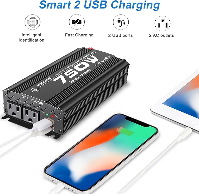 12V Inverter 750W Inverter 12V to 110V or Cars Trucks semi Trucks Various Vehicles with 2 AC Power outlets 2USB Ports