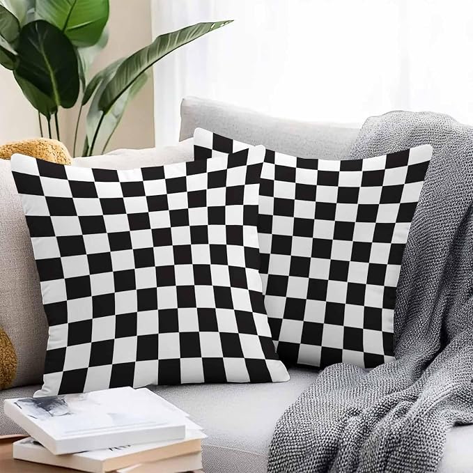 Throw Pillow Covers 18x18 Inch Set of 2, Simple Black White Checkered Waterproof Outdoor Cushion Covers, Lattice Buffalo Plaid Decorative Pillowcases for Couch, Sofa, Bed, Garden, Patio