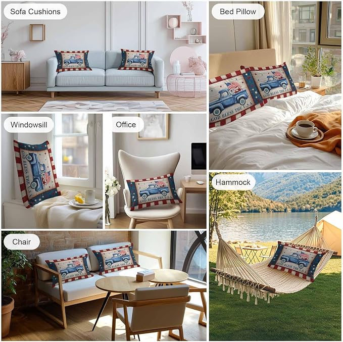 Patriotic Waterproof Pillow Covers for Couch Throw Pillow Cases Set of 2, Independence Day Blue Truck USA Flag Stars Decorative Cushion Pillow Covers 20x12In,Indoor Outdoor Decor Retro Wood Grain