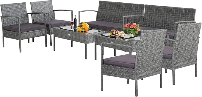 Tangkula 8 Piece Patio Furniture Set, Patiojoy Outdoor Wicker Conversation with Soft Cushion, Glass Tabletop, Solid Steel Frame, Sectional Sofa for Backyard, Poolside, Balcony