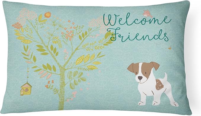 Caroline's Treasures BB7638PW1216 Welcome Friends Jack Russell Terrier Puppy Canvas Fabric Decorative Pillow Machine Washable, Indoor Outdoor Decorative Pillow for Couch, Bed or Patio, 12HX16W