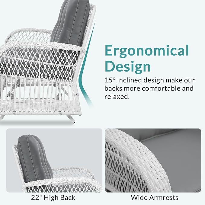 MEETWARM 4 Pieces Outdoor Wicker Patio Conversation Sets with Glider Loveseat, 2 Chairs with Coffee Table Wicker Rocking Glider Set, Rattan Conversation Set with Thickened Cushions, White/Grey