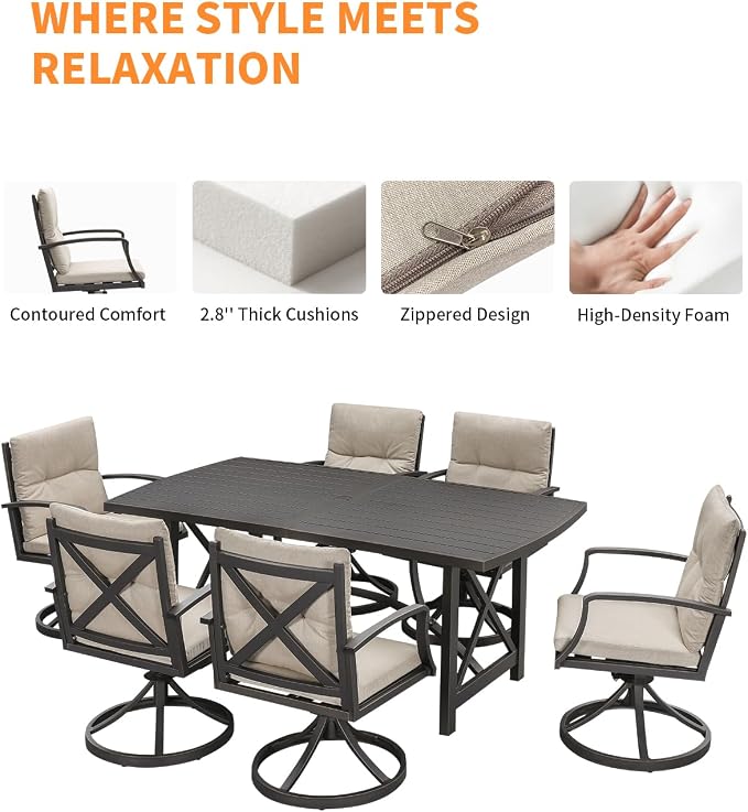 7 Pieces Outdoor Dining Set, Never-Rust Aluminum Patio Dining Set for 6, Outdoor Furniture Set, Patio Table and 6 Swivel Rocker Chairs for Deck, Garden, Backyard, Poolsides, Gunmetal