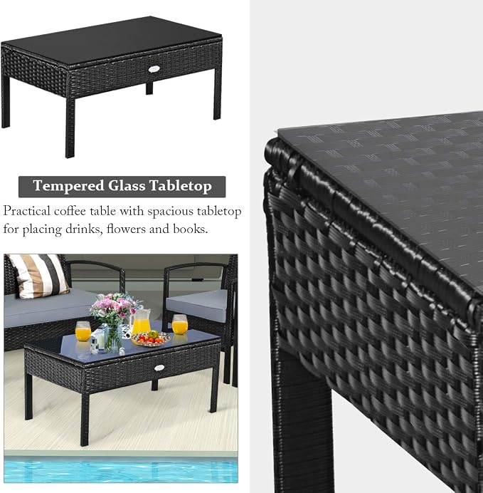 Tangkula 8-PCS Wicker Patio Conversation Furniture Set, Outdoor Rattan Chair and Table Set, Patio Furniture Sets with Coffee Table & Washable Cushions for Courtyard Balcony Garden (2, Black)