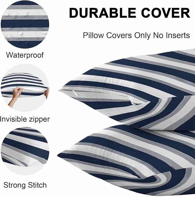 Minimalist Blue Grey White Line Outdoor Pillow Covers 16x16in Pack of 2 Waterproof Pillowcase Classic Colorful Ombre Stripe Decorative Throw Cushion Case for Patio Couch Sofa