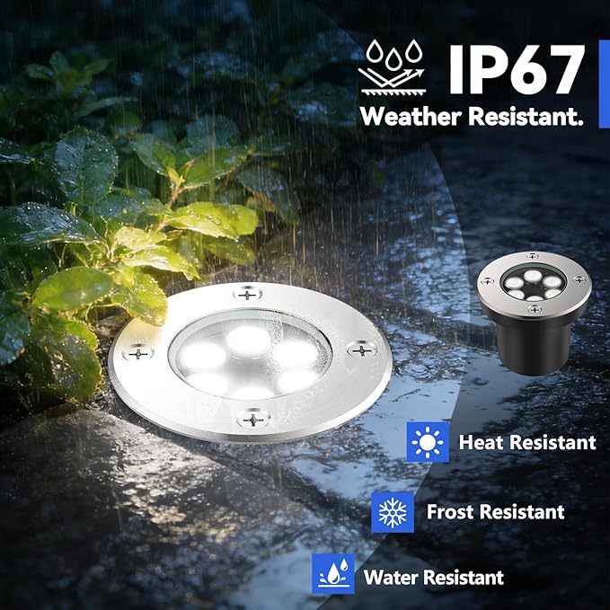 JESLED Low Voltage Landscape Lights, 6W LED Well Lights IP67 Waterproof, 6000K Bright White In-Ground Lights with Wire Connectors for Pathway, Deck, Patio, Yard, Garden (2 Pack)