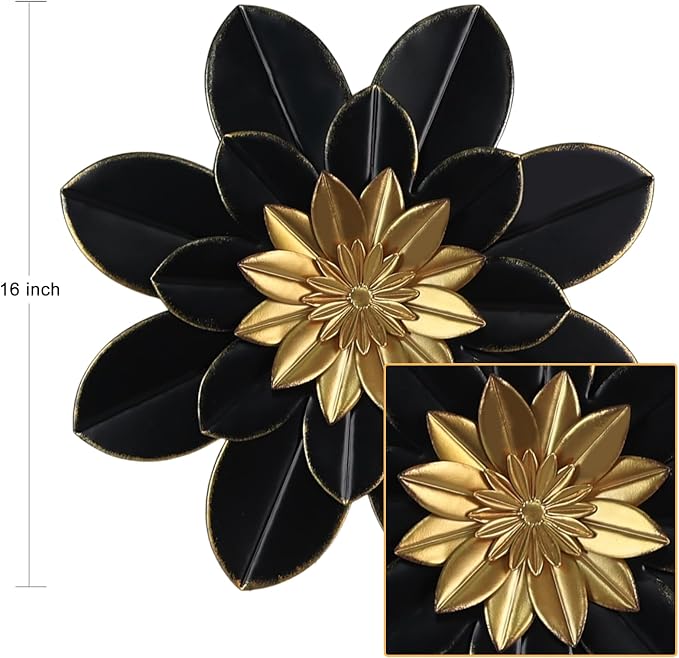 hogardeck Metal Flower Wall Decor, 16" Black & Gold Floral Metal Wall Art for Indoor Outdoor, Boho Modern Wall Decor for Bathroom, Living Room, Kitchen, Bedroom, Porch, Garden, Yard