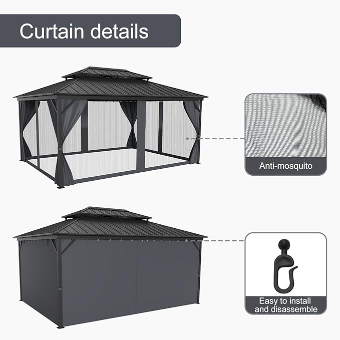 12' x 16' Hardtop Gazebo with Galvanized Steel Double Roof, Heavy Duty Outdoor Gazebo with Netting & Curtains for Patio, Backyard, Deck & Lawn