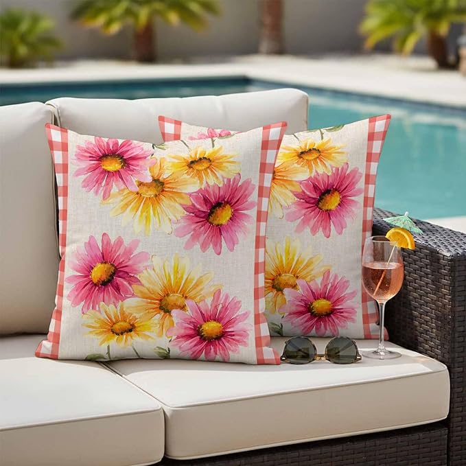 Yellow Pink Daisy Outdoor Pillow Covers 26"x26" Set of 2, Rustic Farmhouse Red Buffalo Plaid Waterproof Throw Pillow Covers for Patio Furniture, Decorative Cushion Covers for Porch
