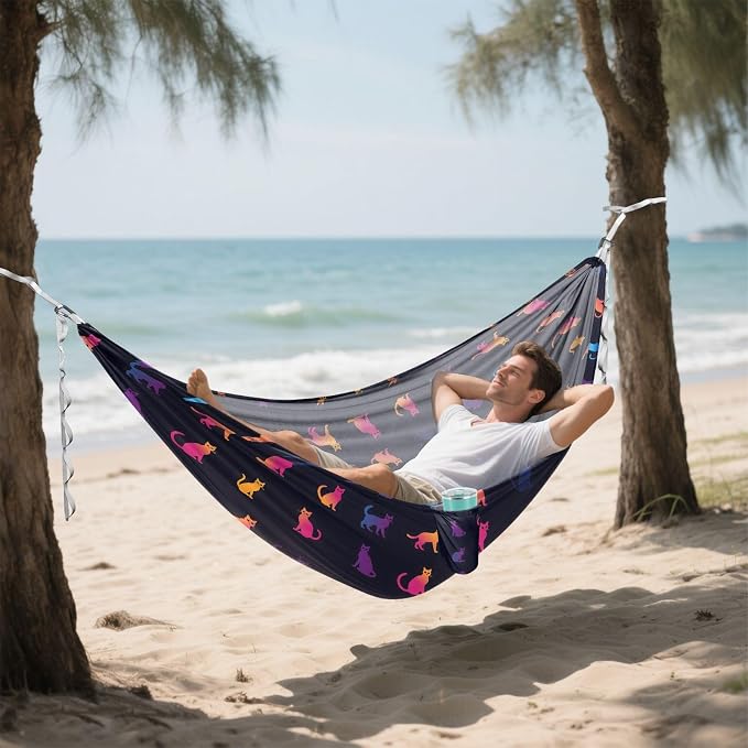 Camping Hammock Outdoor Hammocks for Outside Cat Silhouette Beach Trees Portable Lightweight with Pockets Tree Straps Indoor