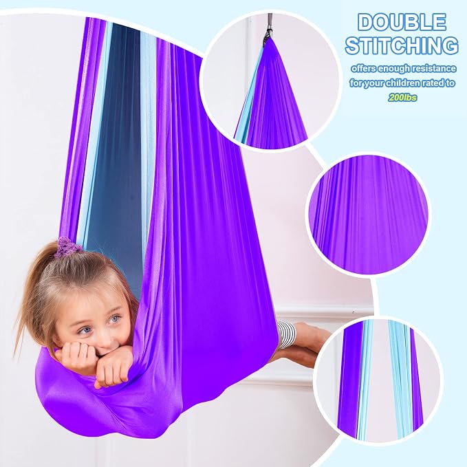 Therapy Swing Hammock Kids Cuddle Sensory Swing Indoor Therapeutic Hammock 360° Rotating Double Layer Elastic Rocking Cloth Swing Gifts for Children with ADHD SPD Asperger Autism (Purple+Sky Blue)