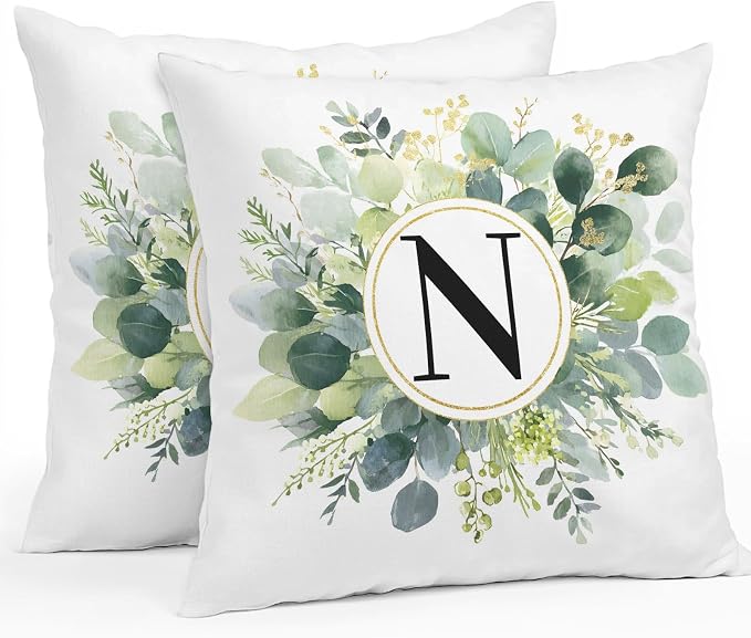 Letter N Waterproof Outdoor Pillow Covers Set of 2 Home Decor, Alphabet Green Eucalyptus Leaves Pillowcase Patio Pillow Covers for Couch Bench Patio Furniture Garden 26x26in