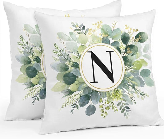 Letter N Waterproof Outdoor Pillow Covers Set of 2 Home Decor, Alphabet Green Eucalyptus Leaves Pillowcase Patio Pillow Covers for Couch Bench Patio Furniture Garden 26x26in