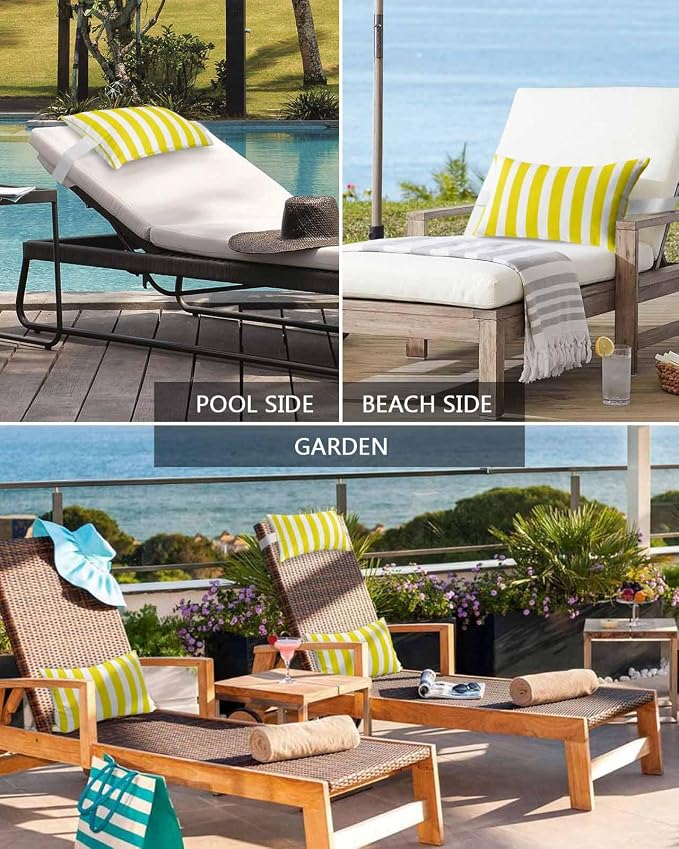 Lumbar Pillow Covers Set of 2, Yellow Striped Waterproof Outdoor Chaise Lounge Pillow Covers with Elastic Strap, Modern Farmhouse Yellow White Stripes Headrest Pillowcase for Patio, 11 x 16