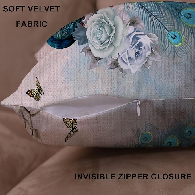16x16 Peacock Pillow Case Set of 4, Blue Peacock Print Throw Pillow Covers, Decorative Velvet Square Cushion Covers with Zipper for Living Room Couch Sofa Decor