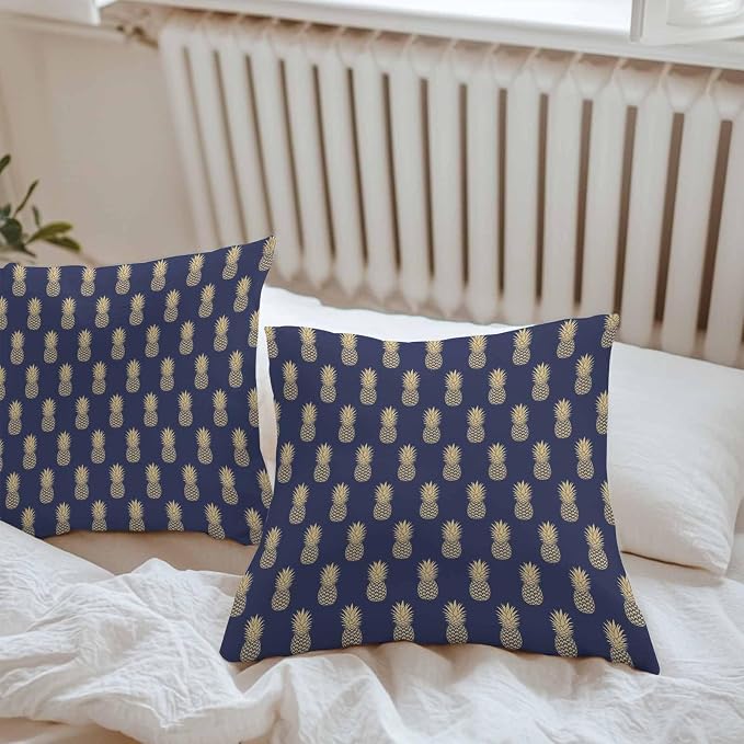 Summer Pineapple Outdoor Pillow Covers Waterproof,All Weather Cushion Case Set of 2 Decorative Pillowcases for Sofa Couch Bed Decor Patio Furniture 24"x24" Tropical Fruit Geometric Navy Blue