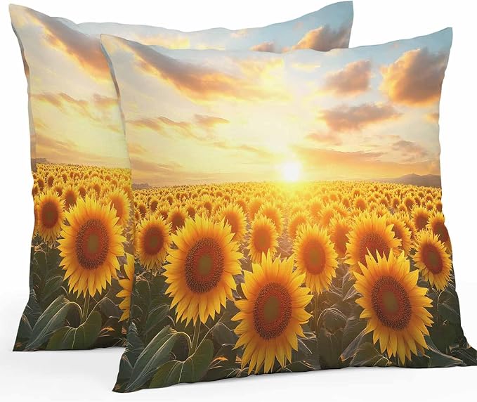 Sunflower Floral Waterproof Outdoor Pillow Covers Set of 2 Home Decor, Summer Pastoral Botanical Flowers Pillowcase Patio Pillow Covers for Couch Bench Furniture Garden 16x16in
