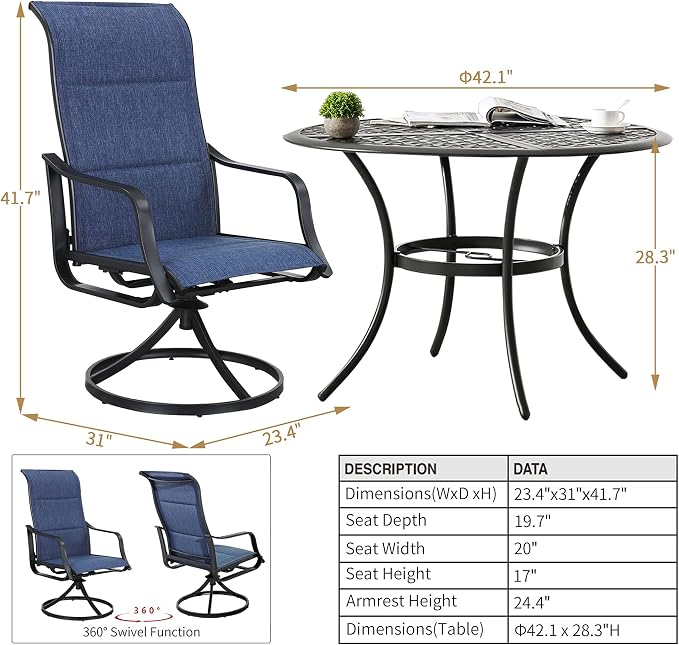 Patio Dining Set 5 Pieces Outdoor Furniture Sets Swivel Rocker Chairs Metal Round Table with All Weather Frame (5Pcs, Blue)