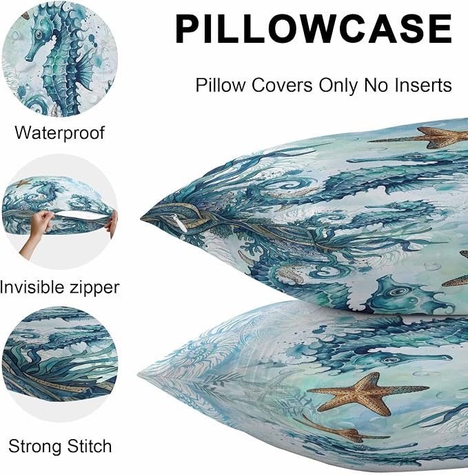 Ocean Seahorses Outdoor Pillow Covers 16x16 Inch Throw Pillow Covers Set of 2 Waterproof Decorative Pillow Cases Coastal Animals Seaweed Strafish Compass Blue Cushion Covers for Patio Furniture Garden