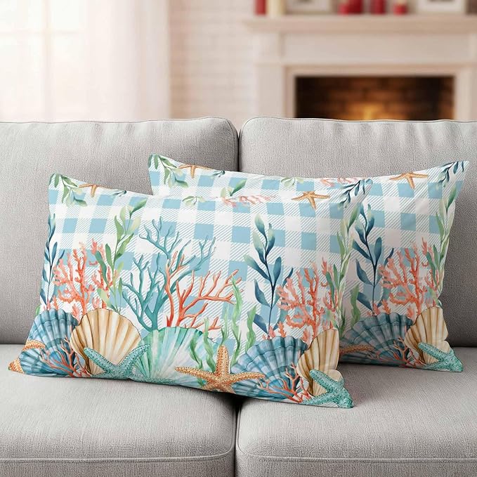 Lumbar Pillow Covers 20x12 Inch Set of 2, Nautical Coastal Waterproof Outdoor Pillow Covers, Summer Beach Shell Coral Seaweed Blue Plaid Decorative Cushion Pillowcases for Couch, Sofa, Bed, Patio