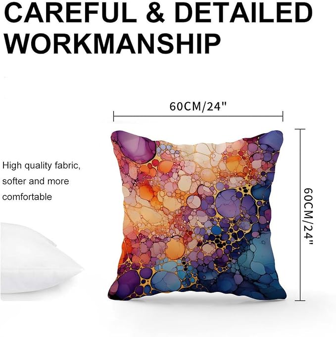 Ink Rainbow Shapes with Gold Cushion Cases Abstract Alcohol Ink Textures Throw Pillow Cover Retro Square Couch Sofa Cushion Covers for Patio Funiture Garden 24x24 in