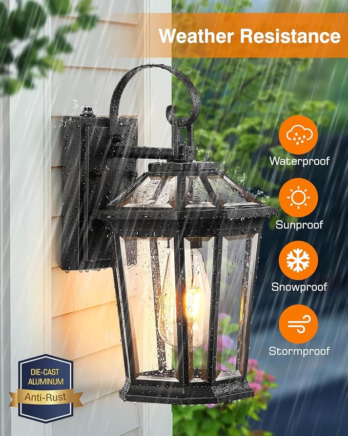 VIANIS Dusk to Dawn Outdoor Wall Lighting, Exterior Light Fixture Wall Mount for House Front Porch Light, Black Anti-Rust Aluminium Modern Outside Coach Lantern with Tempered Glass Shade for Garage