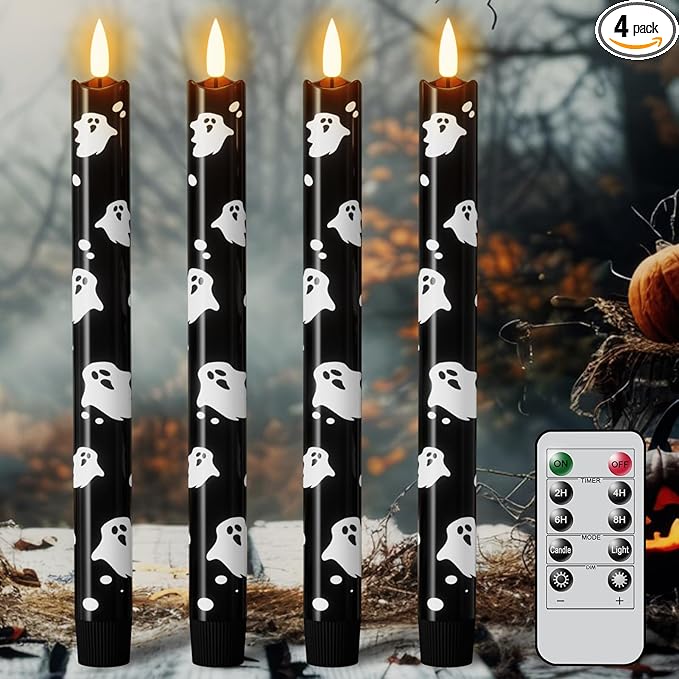 Eldnacele Flameless Flickering Taper Candles with Remote and Timer, Battery Operated Ghost Decal Real Wax Black LED Window Candles Set of 4 Fireplace Spooky Halloween Holiday Decor