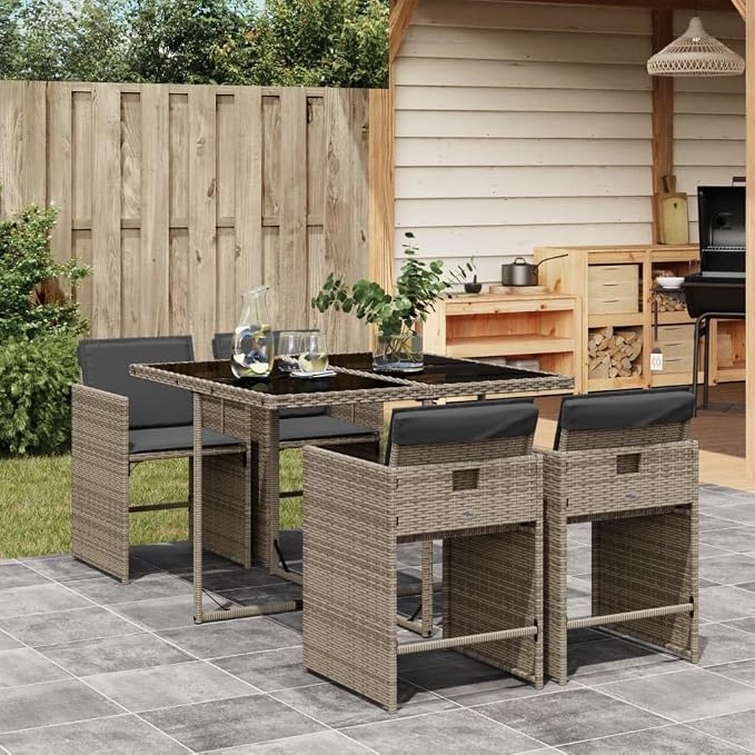 5-Piece Gray Patio Dining Set with Cushions, PE Rattan Outdoor Furniture Set, Compact Foldable Chairs, Tempered Glass Table for Backyard, Balcony, Porch