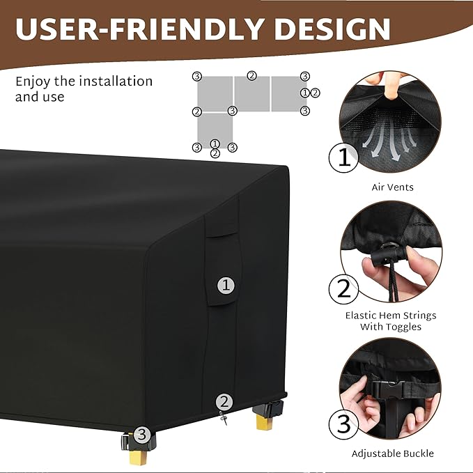 iBirdie Outdoor Sectional Cover fit 90 x 120 inch, 89 x 118, L-Shaped Patio Furniture Sofa, Waterproof Weatherproof Heavy Duty 600D Garden Cover for Outside L shape Couch, Black