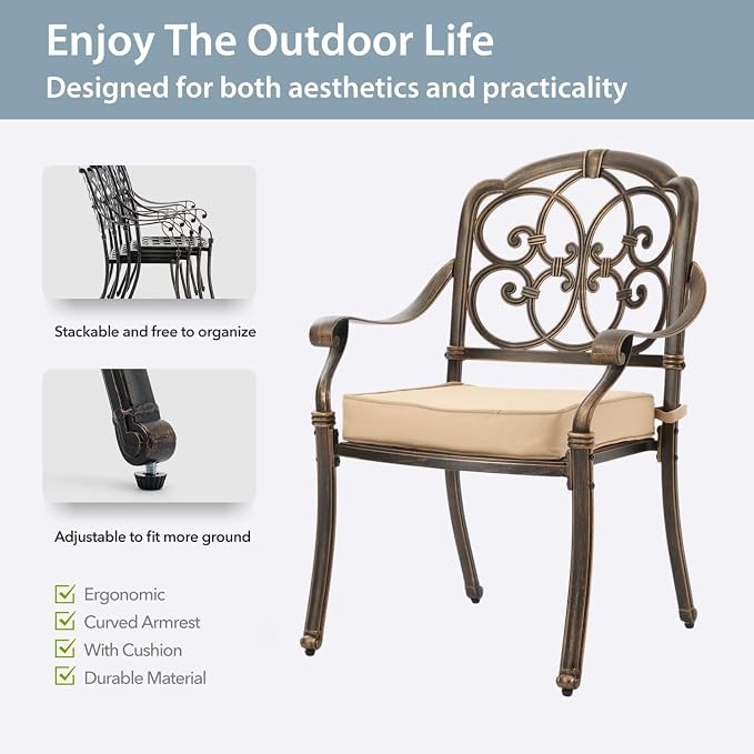 7-Pcs Cast Aluminum Patio Dining Set for 6, 54" Round Table,Bronze | Outdoor Furniture Set Include Dining Table and 6 Stackable Chairs with Cushions & Umbrella Hole