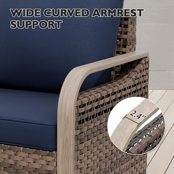 EAGLE PEAK Modern Wicker Outdoor Patio Furniture Set, Patio Conversation Set, 2 Chairs, 3-Seat Loveseat and Coffee Table, 4 Pieces, Brown/Blue