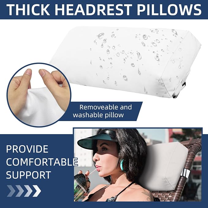 Headrest Pillow for Pool Chaise Lounge, Pool Lounge Pillows Outdoor with Elastic Band for Recliner and Pool Patio Chairs, Head Neck Support Pillow (White, 22x8.6x3.9)